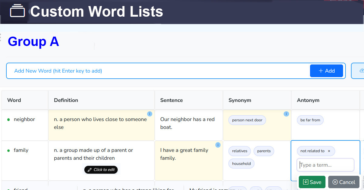 New! Customize Synonyms, Antonyms, and Sentences in Word Lists